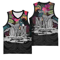 Personalised Hawaii Basketball Jersey Humpback Whale Tattoo With Tropical Flowers Black LT14 - Polynesian Pride
