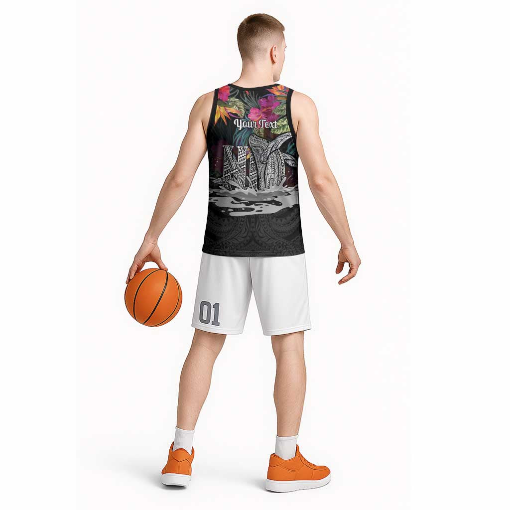 Personalised Hawaii Basketball Jersey Humpback Whale Tattoo With Tropical Flowers Black LT14 - Polynesian Pride