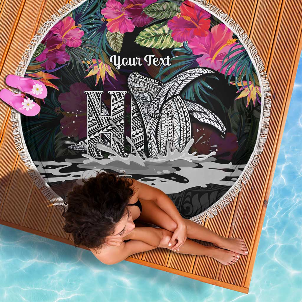 Personalised Hawaii Beach Blanket Humpback Whale Tattoo With Tropical Flowers Black LT14 - Polynesian Pride