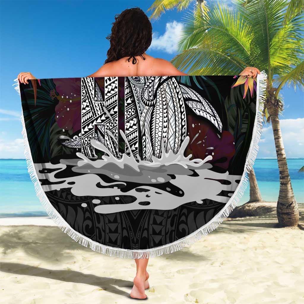 Personalised Hawaii Beach Blanket Humpback Whale Tattoo With Tropical Flowers Black LT14 - Polynesian Pride