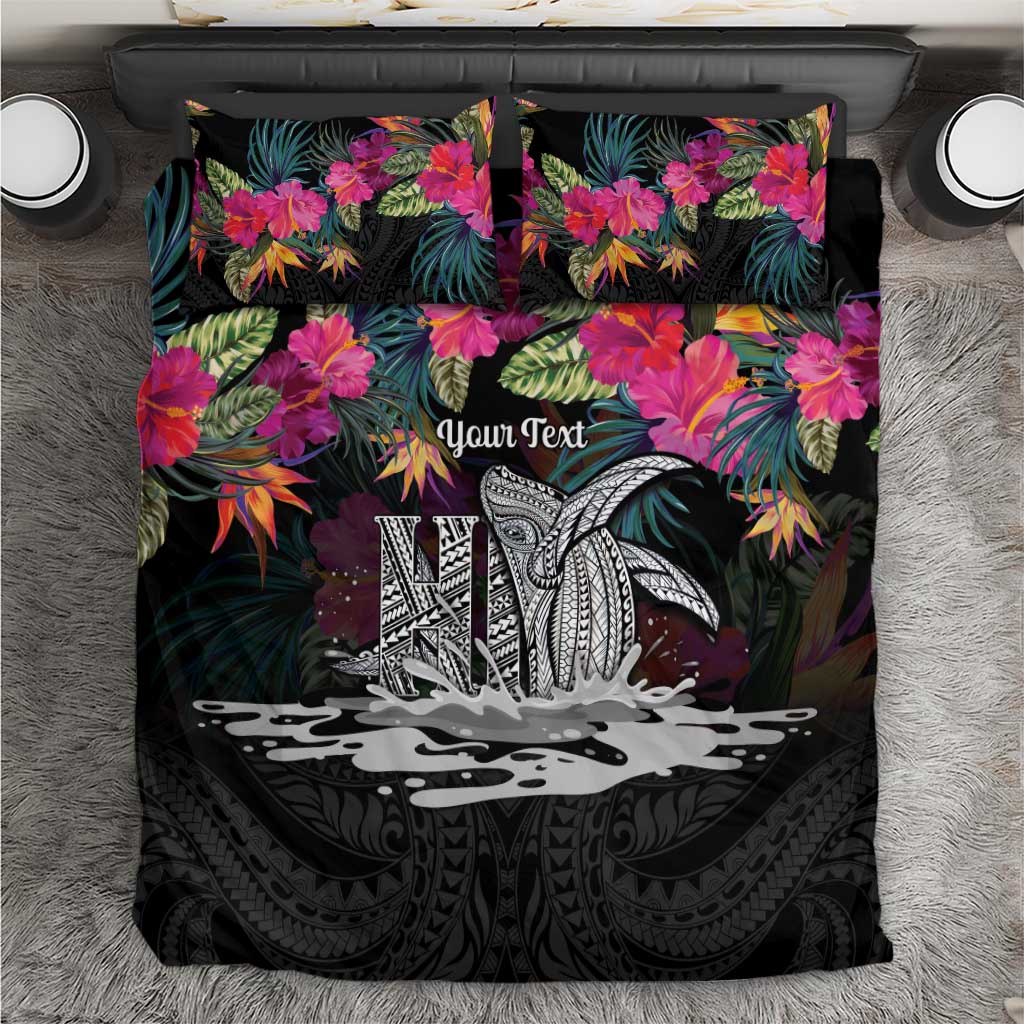 Personalised Hawaii Bedding Set Humpback Whale Tattoo With Tropical Flowers Black LT14 Black - Polynesian Pride
