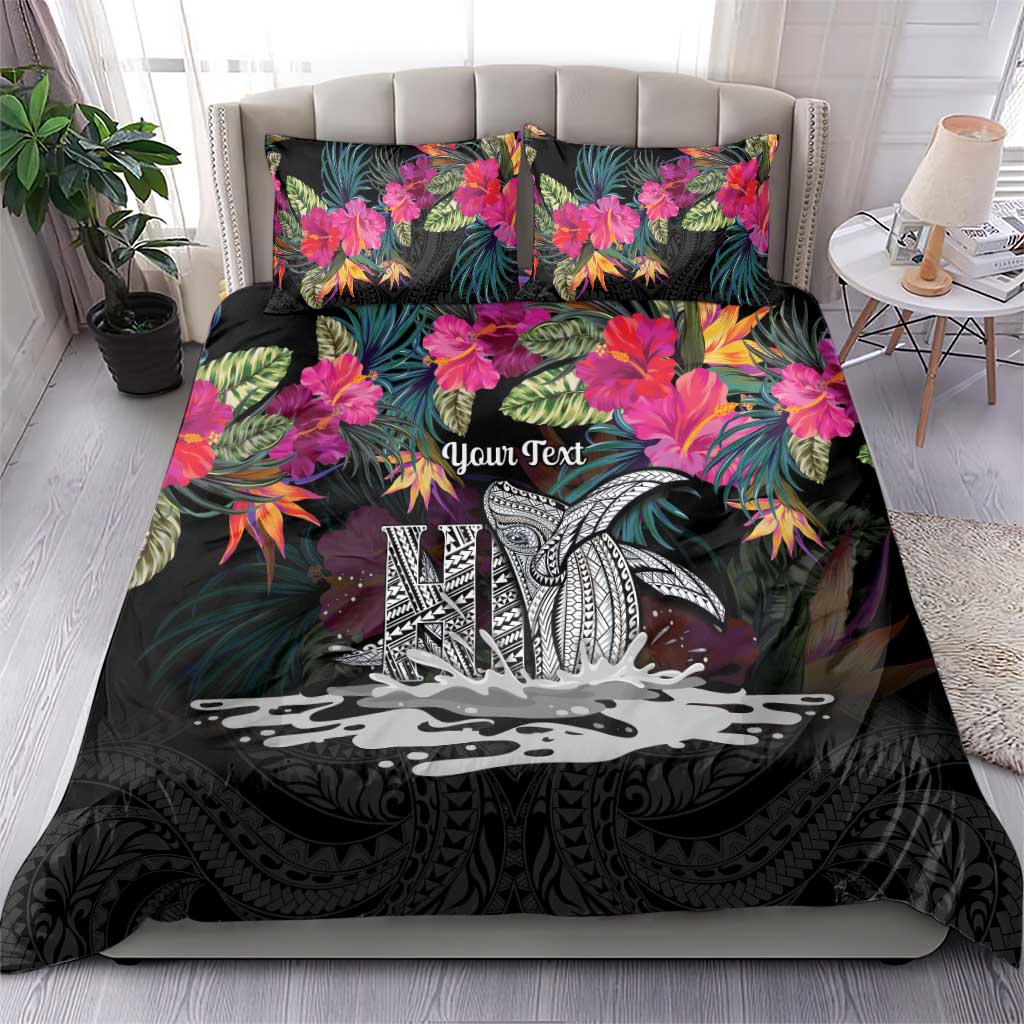 Personalised Hawaii Bedding Set Humpback Whale Tattoo With Tropical Flowers Black LT14 - Polynesian Pride