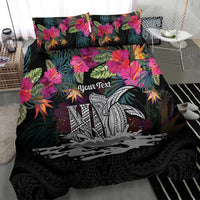 Personalised Hawaii Bedding Set Humpback Whale Tattoo With Tropical Flowers Black LT14 - Polynesian Pride
