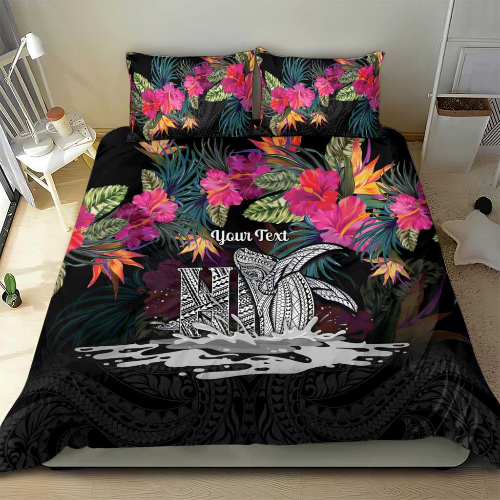 Personalised Hawaii Bedding Set Humpback Whale Tattoo With Tropical Flowers Black LT14 - Polynesian Pride