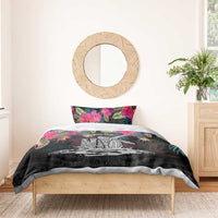 Personalised Hawaii Bedding Set Humpback Whale Tattoo With Tropical Flowers Black LT14 - Polynesian Pride