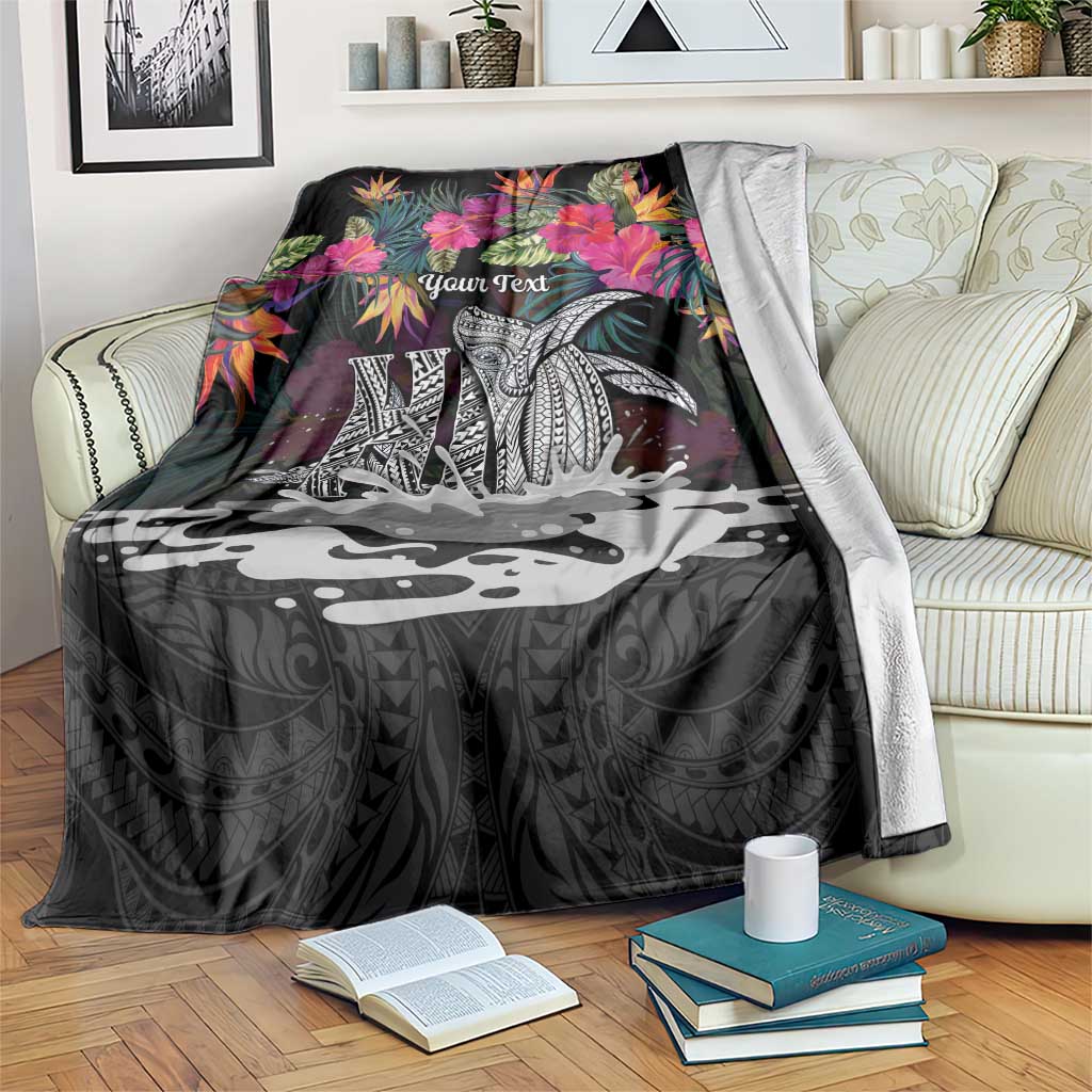 Personalised Hawaii Blanket Humpback Whale Tattoo With Tropical Flowers Black LT14 Black - Polynesian Pride