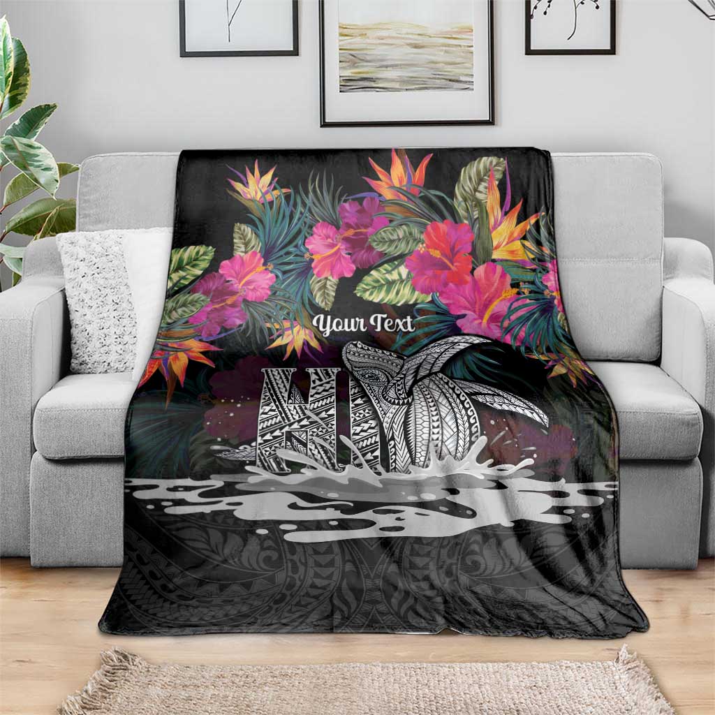Personalised Hawaii Blanket Humpback Whale Tattoo With Tropical Flowers Black LT14 - Polynesian Pride