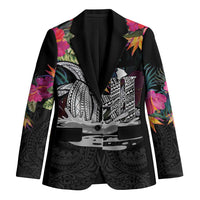 Personalised Hawaii Blazer Humpback Whale Tattoo With Tropical Flowers Black LT14 Unisex Black - Polynesian Pride