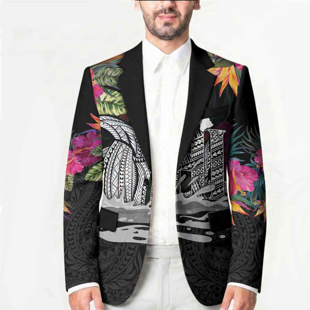 Personalised Hawaii Blazer Humpback Whale Tattoo With Tropical Flowers Black LT14 - Polynesian Pride