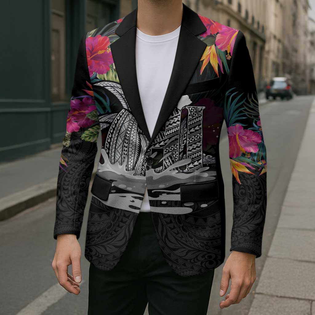Personalised Hawaii Blazer Humpback Whale Tattoo With Tropical Flowers Black LT14 - Polynesian Pride