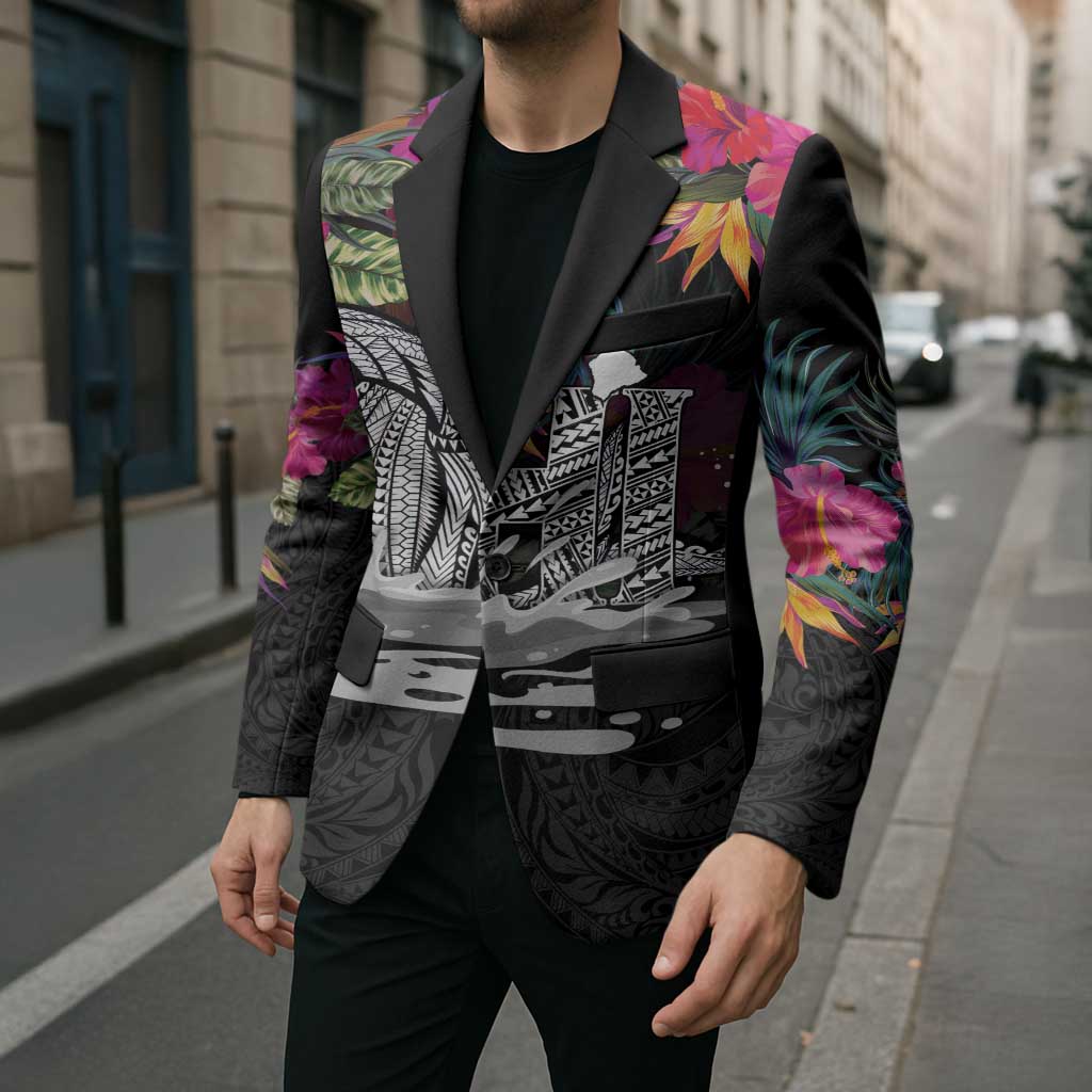 Personalised Hawaii Blazer Humpback Whale Tattoo With Tropical Flowers Black LT14 - Polynesian Pride