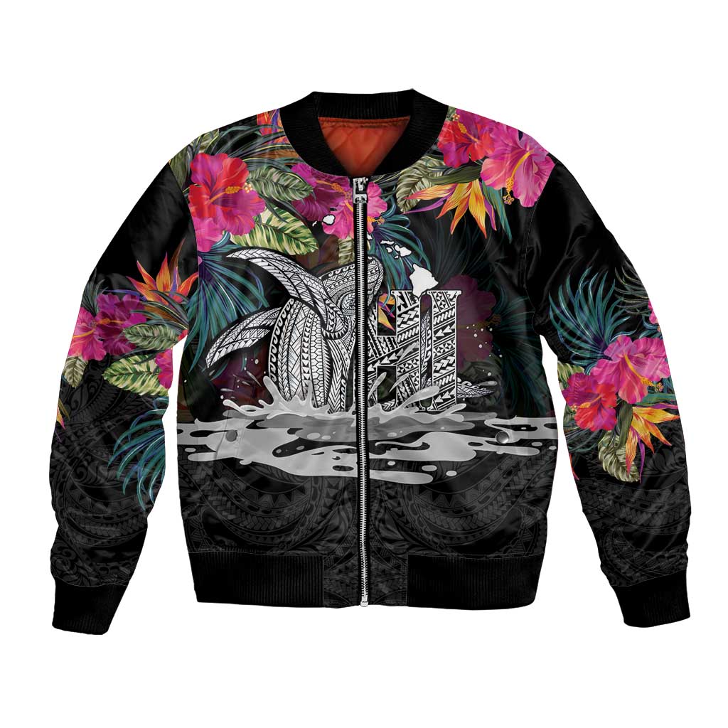 Personalised Hawaii Bomber Jacket Humpback Whale Tattoo With Tropical Flowers Black