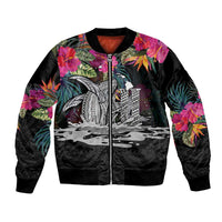 Personalised Hawaii Bomber Jacket Humpback Whale Tattoo With Tropical Flowers Black