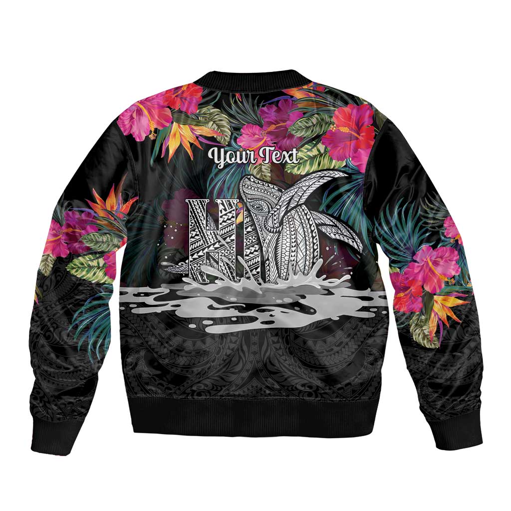 Personalised Hawaii Bomber Jacket Humpback Whale Tattoo With Tropical Flowers Black