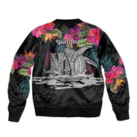 Personalised Hawaii Bomber Jacket Humpback Whale Tattoo With Tropical Flowers Black