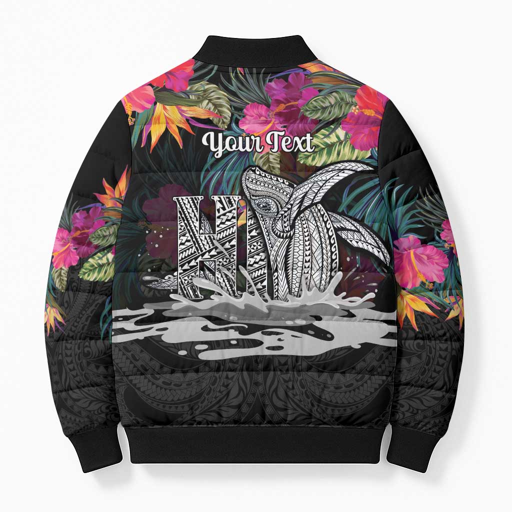 Personalised Hawaii Bomber Puffer Jacket Humpback Whale Tattoo With Tropical Flowers Black LT14 - Polynesian Pride