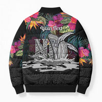 Personalised Hawaii Bomber Puffer Jacket Humpback Whale Tattoo With Tropical Flowers Black LT14 - Polynesian Pride