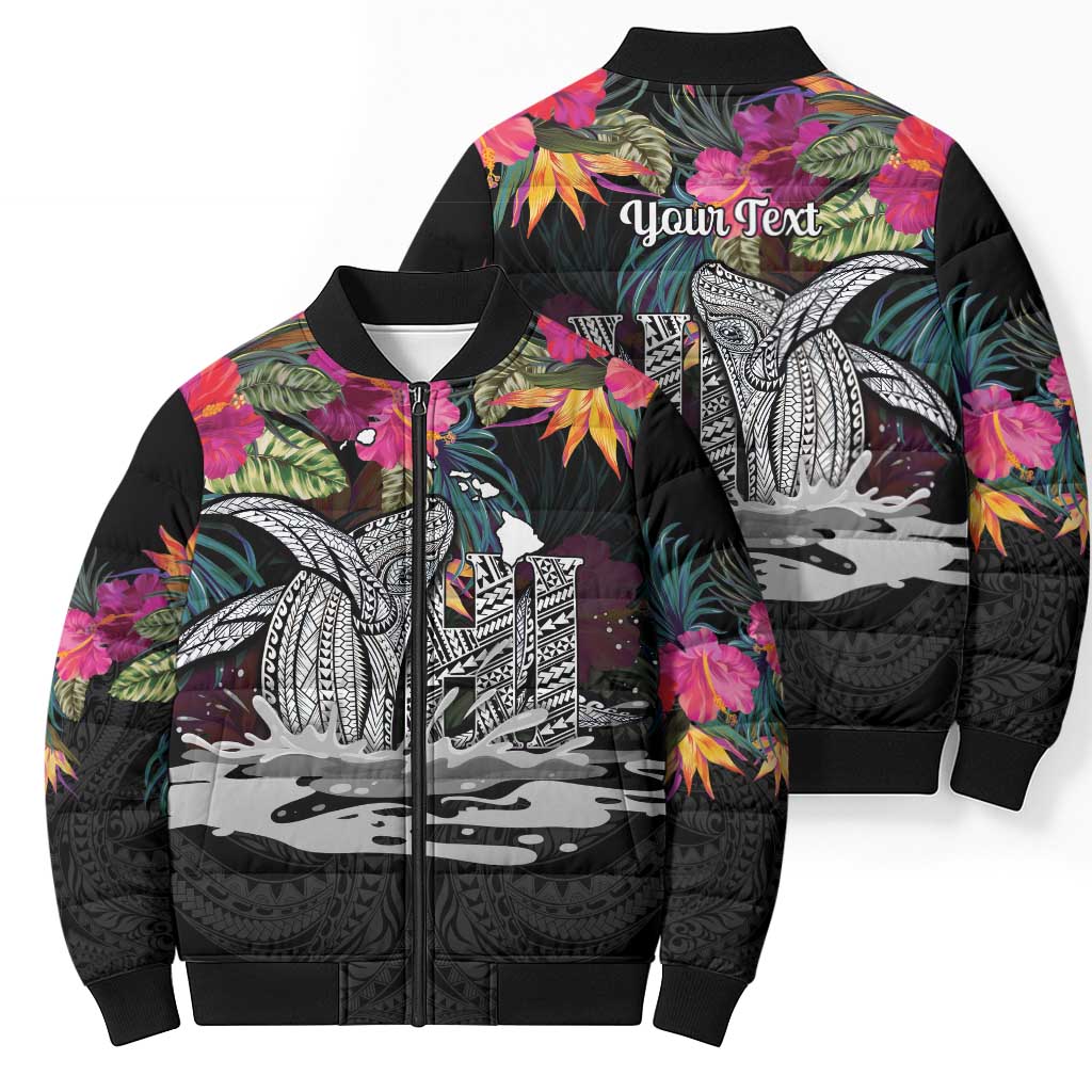 Personalised Hawaii Bomber Puffer Jacket Humpback Whale Tattoo With Tropical Flowers Black LT14 - Polynesian Pride