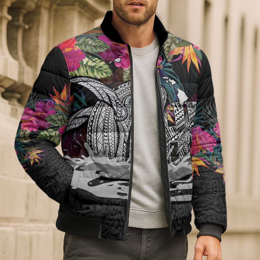 Personalised Hawaii Bomber Puffer Jacket Humpback Whale Tattoo With Tropical Flowers Black LT14 - Polynesian Pride