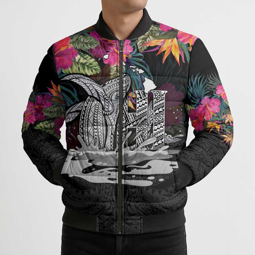 Personalised Hawaii Bomber Puffer Jacket Humpback Whale Tattoo With Tropical Flowers Black LT14 - Polynesian Pride