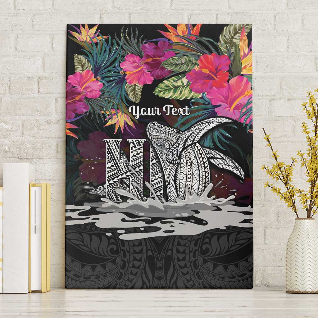 Personalised Hawaii Canvas Wall Art Humpback Whale Tattoo With Tropical Flowers Black LT14 Without Frame Black - Polynesian Pride