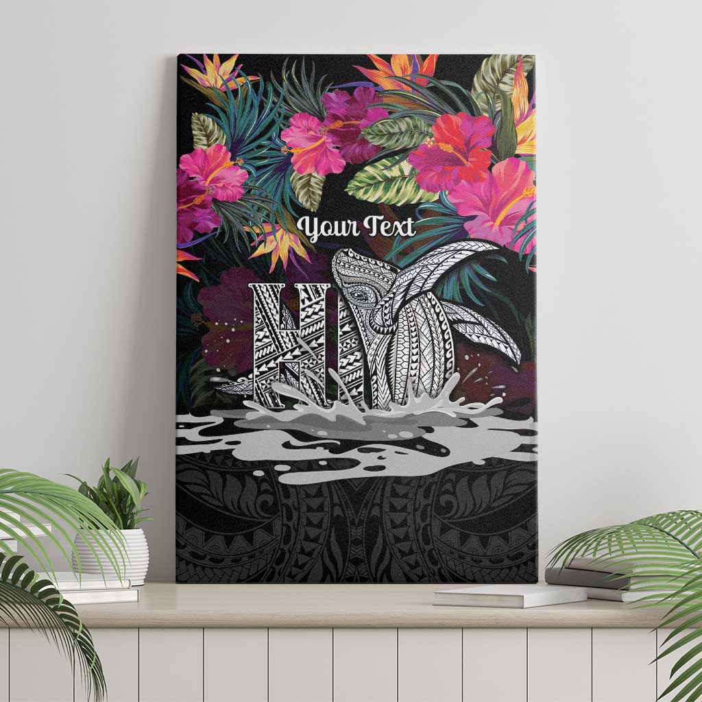 Personalised Hawaii Canvas Wall Art Humpback Whale Tattoo With Tropical Flowers Black LT14 - Polynesian Pride