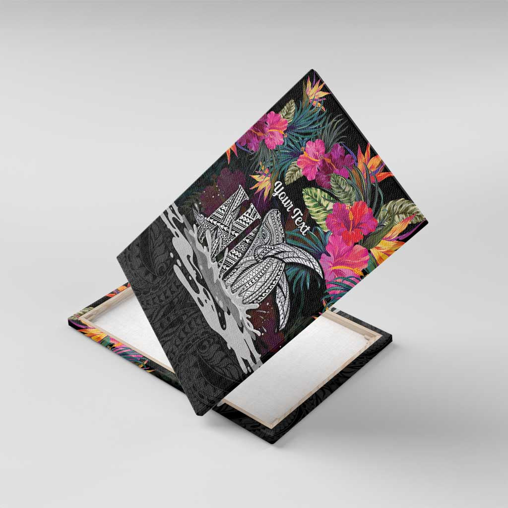 Personalised Hawaii Canvas Wall Art Humpback Whale Tattoo With Tropical Flowers Black LT14 With Frame Black - Polynesian Pride