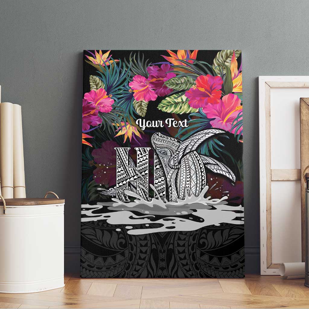 Personalised Hawaii Canvas Wall Art Humpback Whale Tattoo With Tropical Flowers Black LT14 - Polynesian Pride