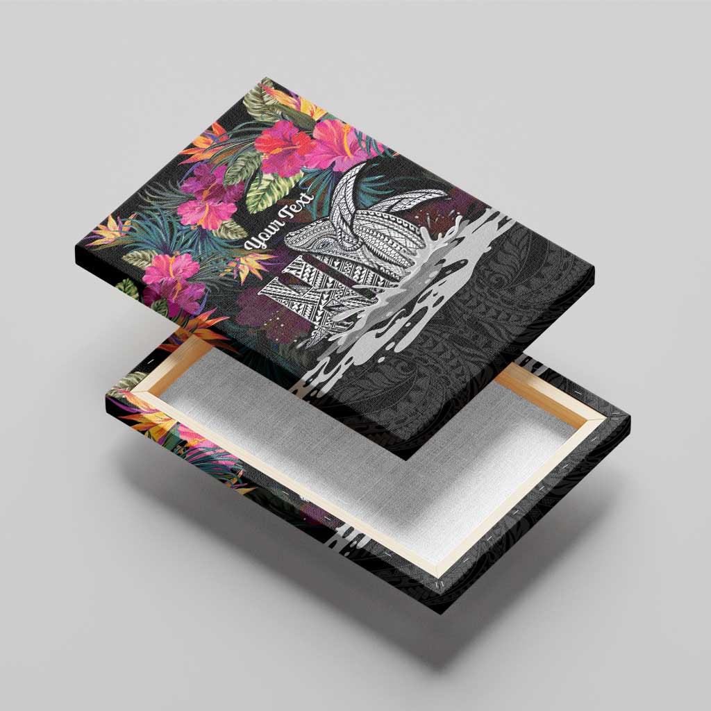 Personalised Hawaii Canvas Wall Art Humpback Whale Tattoo With Tropical Flowers Black LT14 - Polynesian Pride
