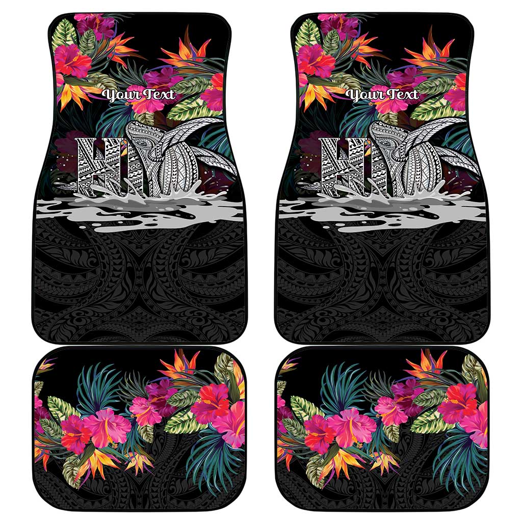 Personalised Hawaii Car Mats Humpback Whale Tattoo With Tropical Flowers Black LT14 - Polynesian Pride