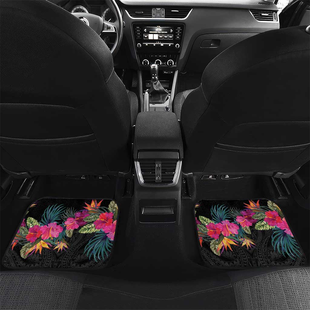 Personalised Hawaii Car Mats Humpback Whale Tattoo With Tropical Flowers Black LT14 Set 2pcs - Back Black - Polynesian Pride