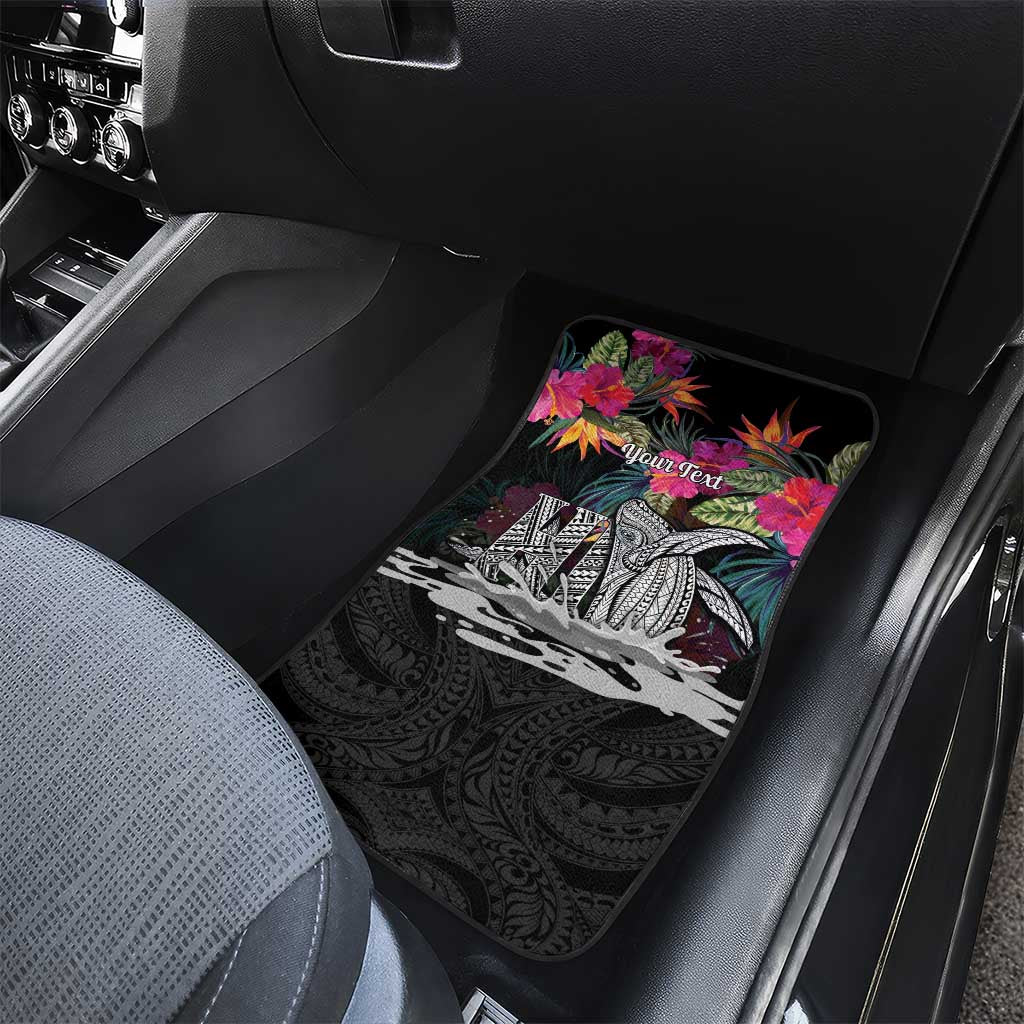 Personalised Hawaii Car Mats Humpback Whale Tattoo With Tropical Flowers Black LT14 - Polynesian Pride