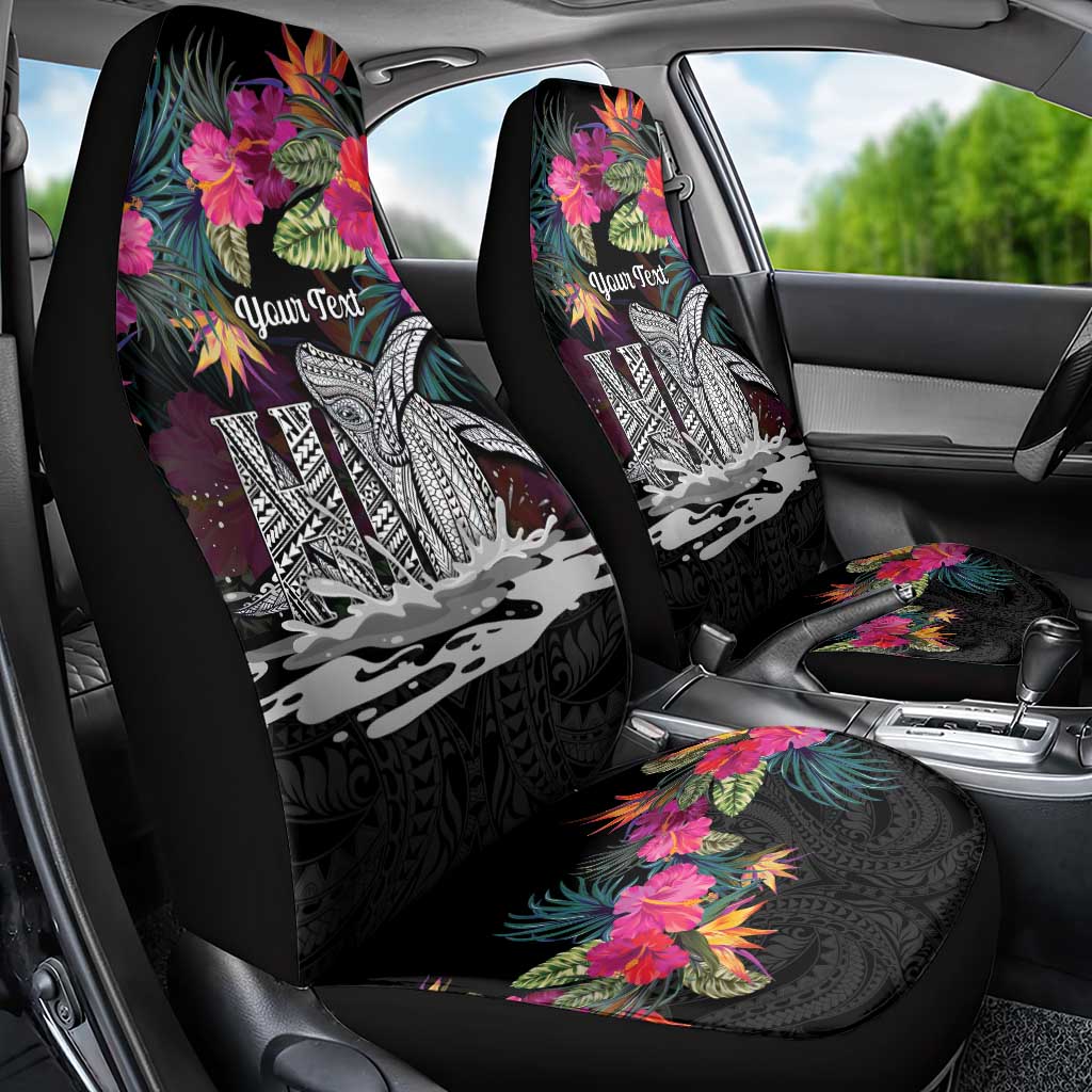 Personalised Hawaii Car Seat Cover Humpback Whale Tattoo With Tropical Flowers Black LT14 - Polynesian Pride