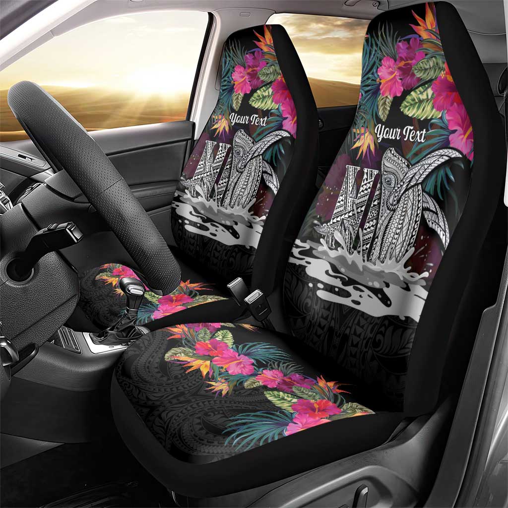 Personalised Hawaii Car Seat Cover Humpback Whale Tattoo With Tropical Flowers Black LT14 - Polynesian Pride