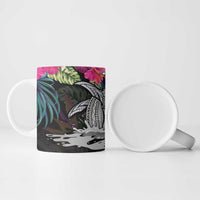 Personalised Hawaii Ceramic Mug Humpback Whale Tattoo With Tropical Flowers Black LT14 - Polynesian Pride