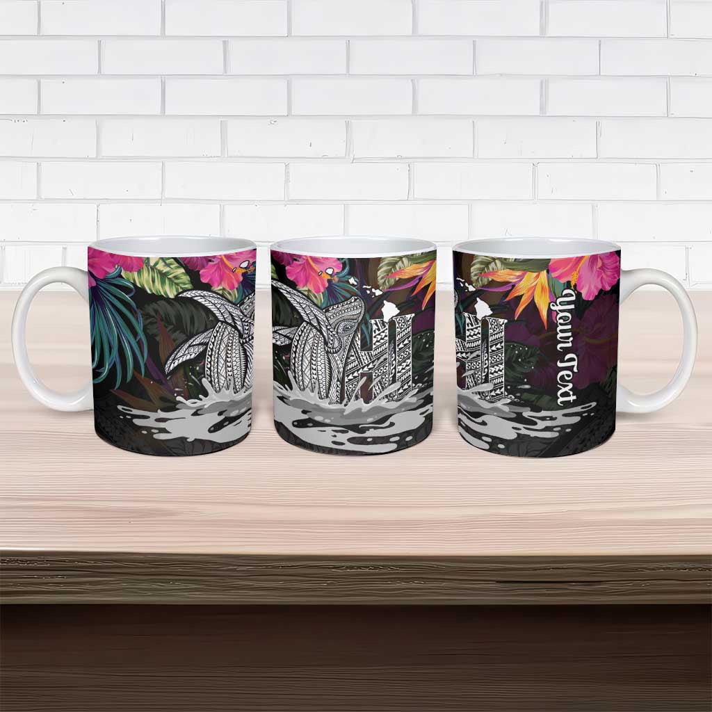 Personalised Hawaii Ceramic Mug Humpback Whale Tattoo With Tropical Flowers Black LT14 - Polynesian Pride