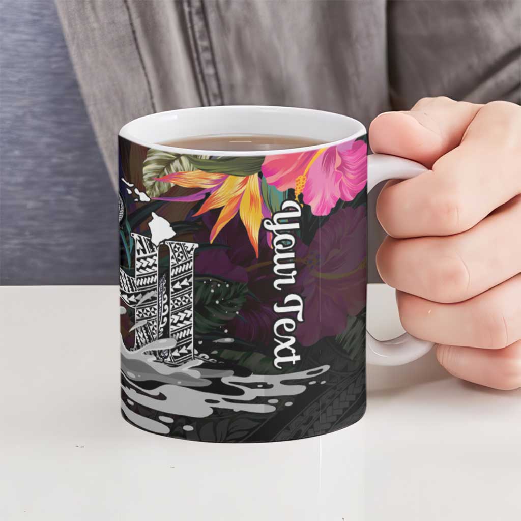 Personalised Hawaii Ceramic Mug Humpback Whale Tattoo With Tropical Flowers Black LT14 - Polynesian Pride