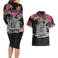 Personalised Hawaii Couples Matching Long Sleeve Bodycon Dress and Hawaiian Shirt Humpback Whale Tattoo With Tropical Flowers Black