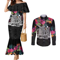 Personalised Hawaii Couples Matching Mermaid Dress and Long Sleeve Button Shirt Humpback Whale Tattoo With Tropical Flowers Black
