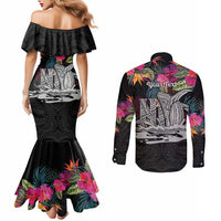 Personalised Hawaii Couples Matching Mermaid Dress and Long Sleeve Button Shirt Humpback Whale Tattoo With Tropical Flowers Black