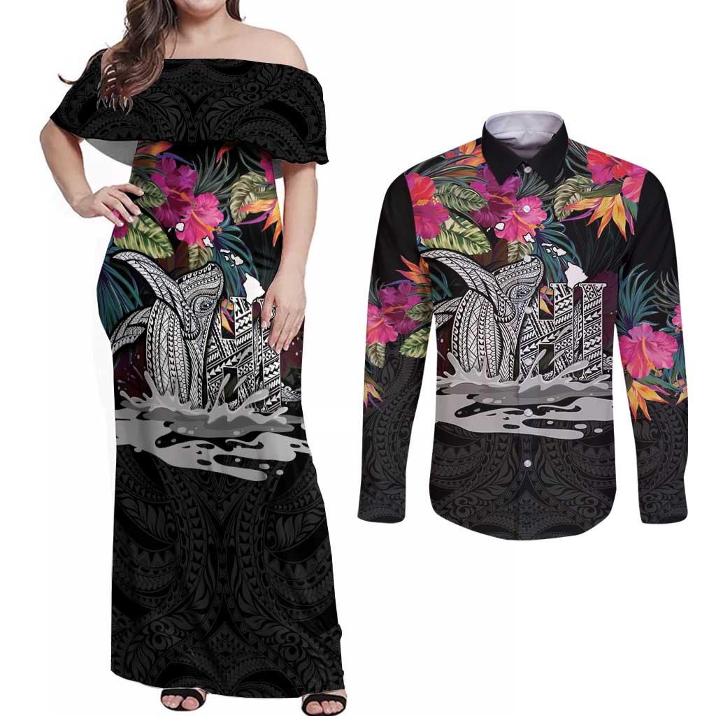 Personalised Hawaii Couples Matching Off Shoulder Maxi Dress and Long Sleeve Button Shirt Humpback Whale Tattoo With Tropical Flowers Black LT14 Black - Polynesian Pride