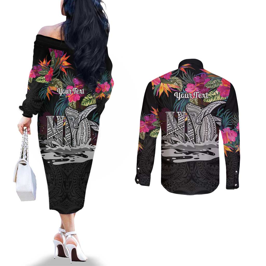 Personalised Hawaii Couples Matching Off The Shoulder Long Sleeve Dress and Long Sleeve Button Shirt Humpback Whale Tattoo With Tropical Flowers Black