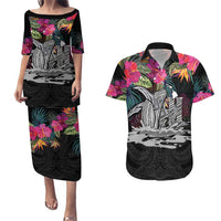 Personalised Hawaii Couples Matching Puletasi and Hawaiian Shirt Humpback Whale Tattoo With Tropical Flowers Black