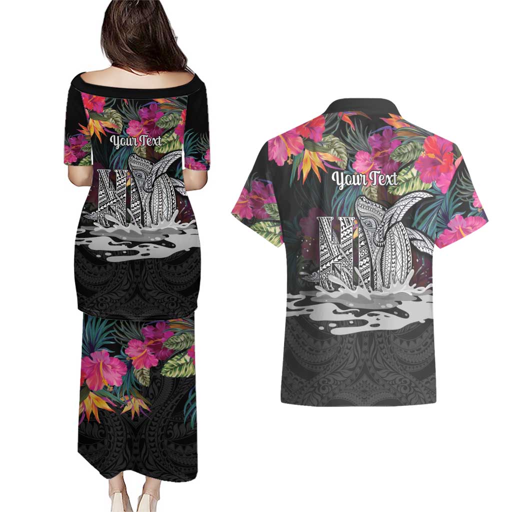 Personalised Hawaii Couples Matching Puletasi and Hawaiian Shirt Humpback Whale Tattoo With Tropical Flowers Black