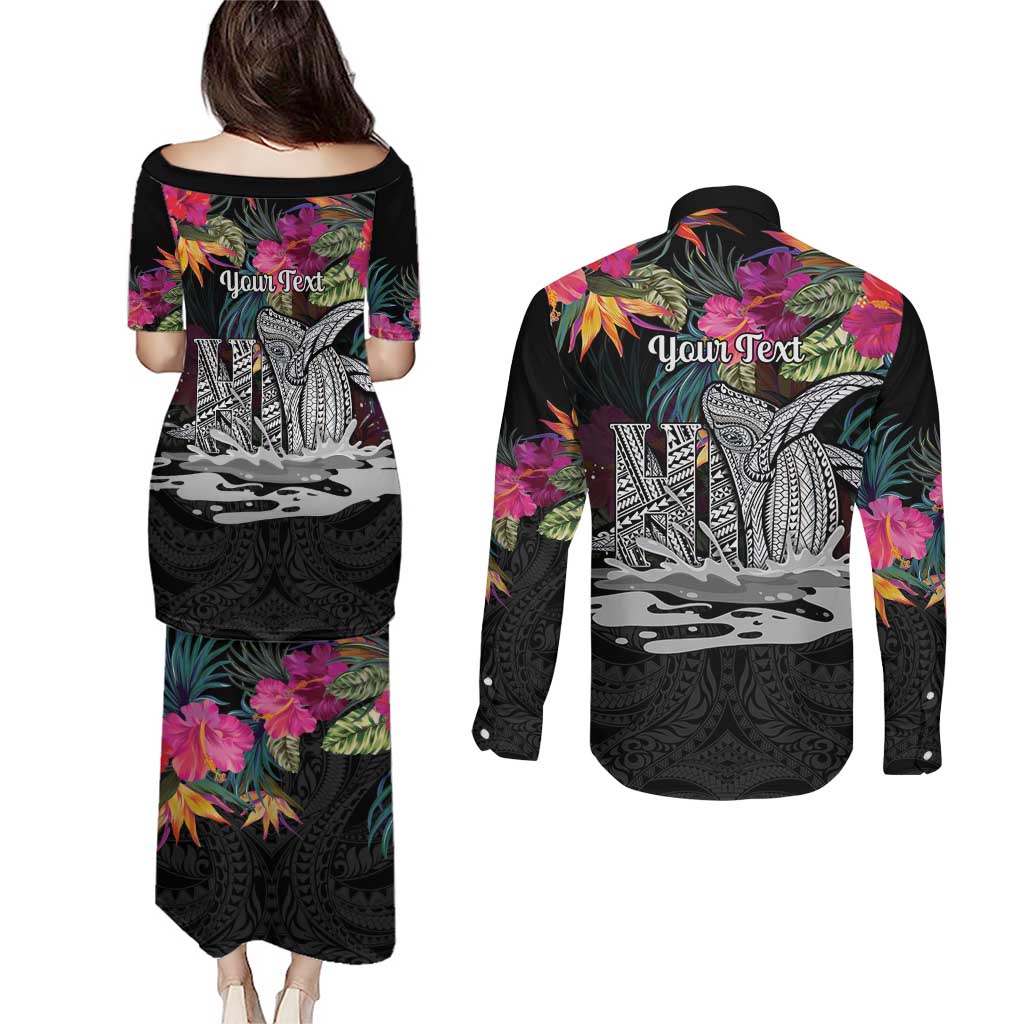 Personalised Hawaii Couples Matching Puletasi and Long Sleeve Button Shirt Humpback Whale Tattoo With Tropical Flowers Black