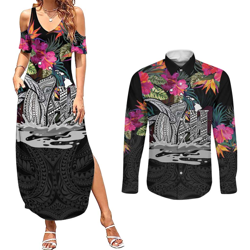 Personalised Hawaii Couples Matching Summer Maxi Dress and Long Sleeve Button Shirt Humpback Whale Tattoo With Tropical Flowers Black LT14 Black - Polynesian Pride