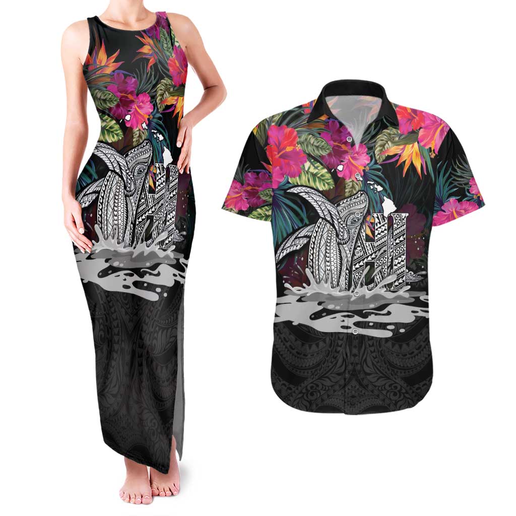 Personalised Hawaii Couples Matching Tank Maxi Dress and Hawaiian Shirt Humpback Whale Tattoo With Tropical Flowers Black LT14 Black - Polynesian Pride