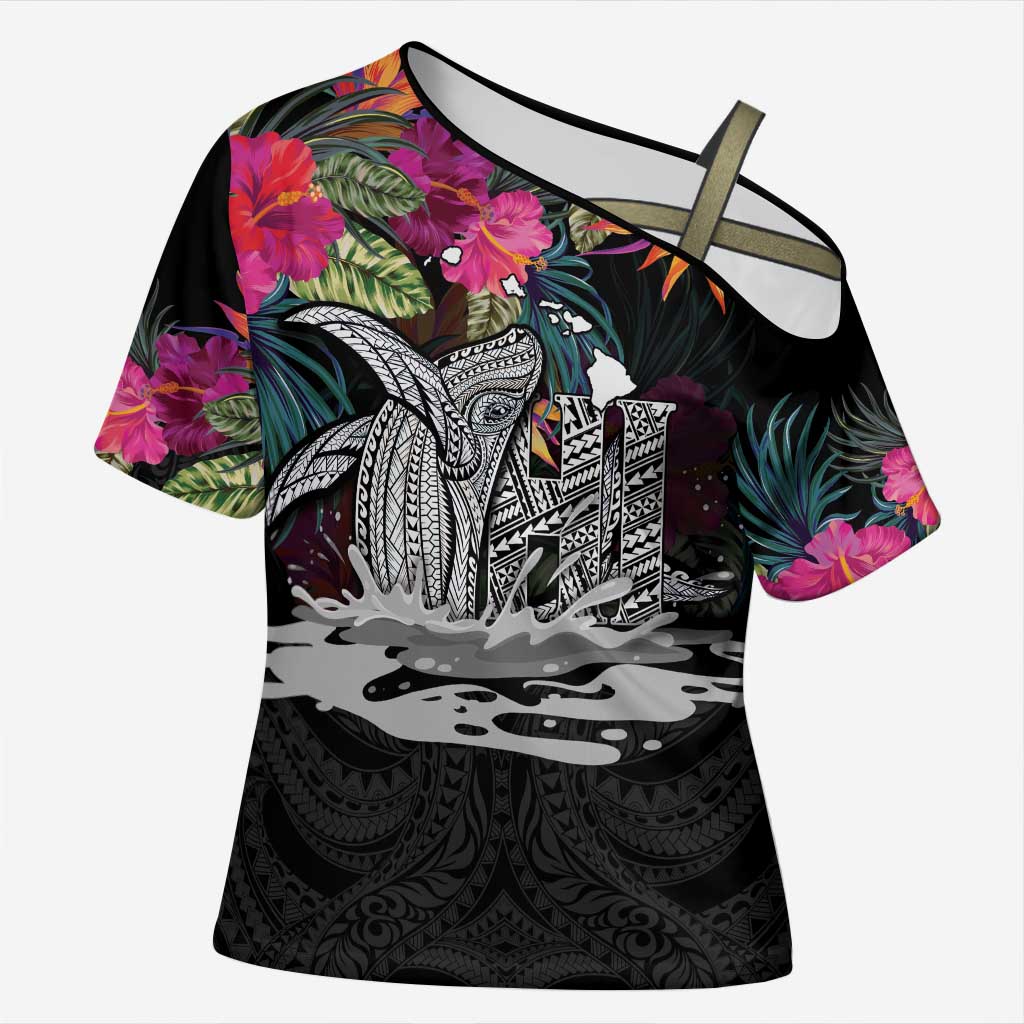 Personalised Hawaii Cross Shoulder Shirt Humpback Whale Tattoo With Tropical Flowers Black