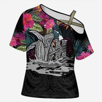 Personalised Hawaii Cross Shoulder Shirt Humpback Whale Tattoo With Tropical Flowers Black