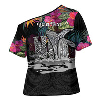 Personalised Hawaii Cross Shoulder Shirt Humpback Whale Tattoo With Tropical Flowers Black